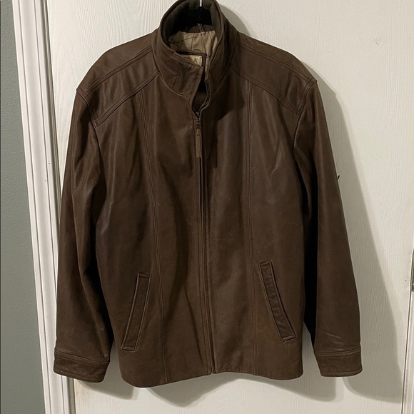 Jos. A. Bank Brown Leather Bomber Zip Up Jacket Map Lining Men’s Size Large